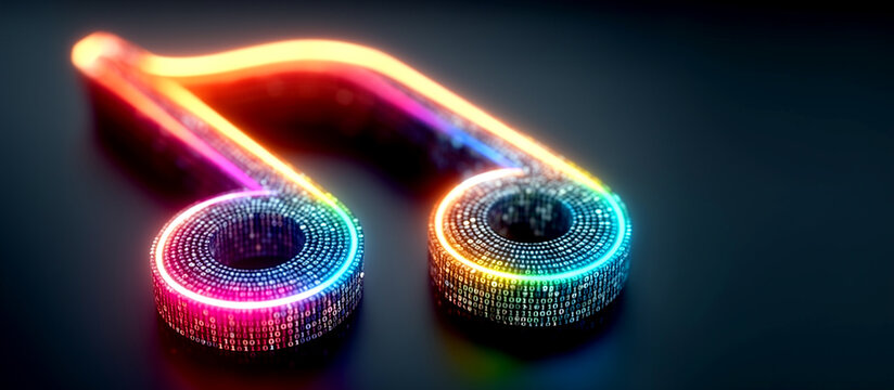 Futuristic Musical Note Symbol with Glowing Neon Rainbow Colors and Embedded Digital Binary Code Data on Dark Background Banner