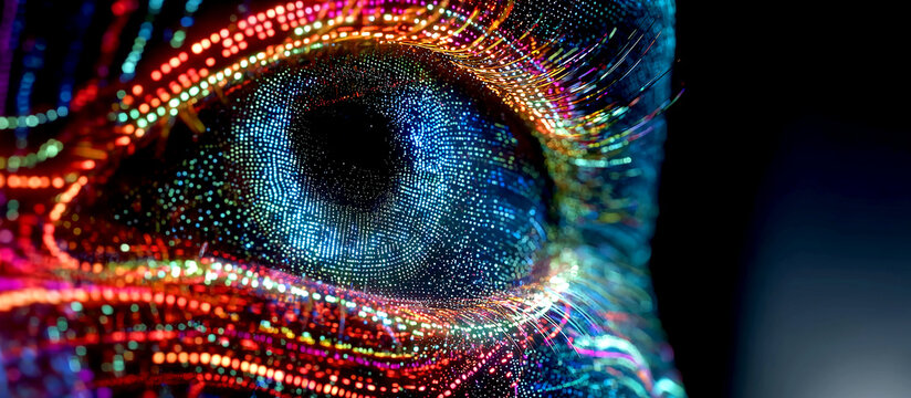 Futuristic Biometric Security Concept with Close Up of Human Eye Made of Glowing Digital Data Particles and Neon Fiber Optic Lines