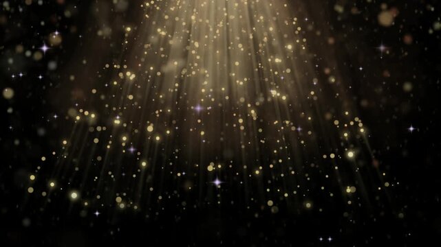 Golden light rays descend through the darkness while shimmering dust particles float in the air.