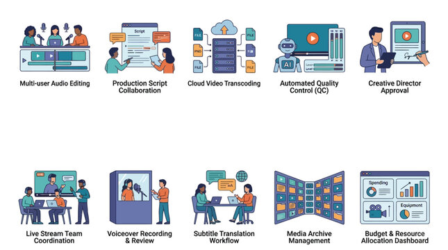 Illustration of modern video production workflow with team collaboration icons Vector, illustration
