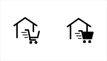 Outline icon set. of a shopping cart entering a house representing home delivery, online orders, and doorstep service. © Muhammad
