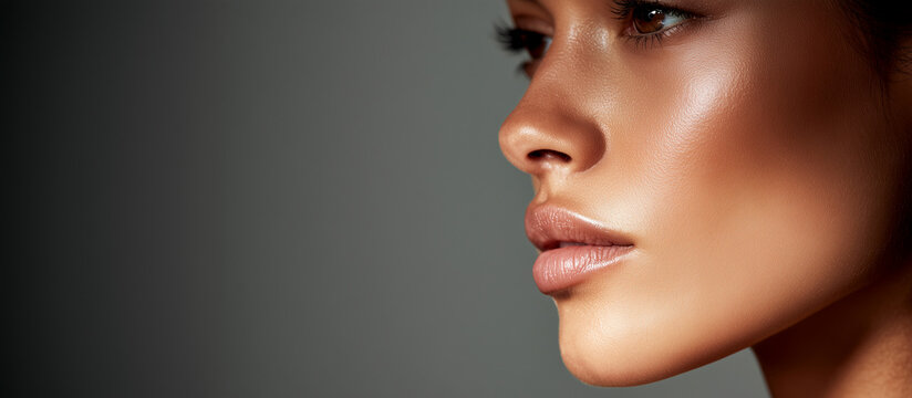 Macro Side Profile Portrait of a Beautiful Woman with Radiant Glowing Skin and Natural Makeup Against Grey Background Banner