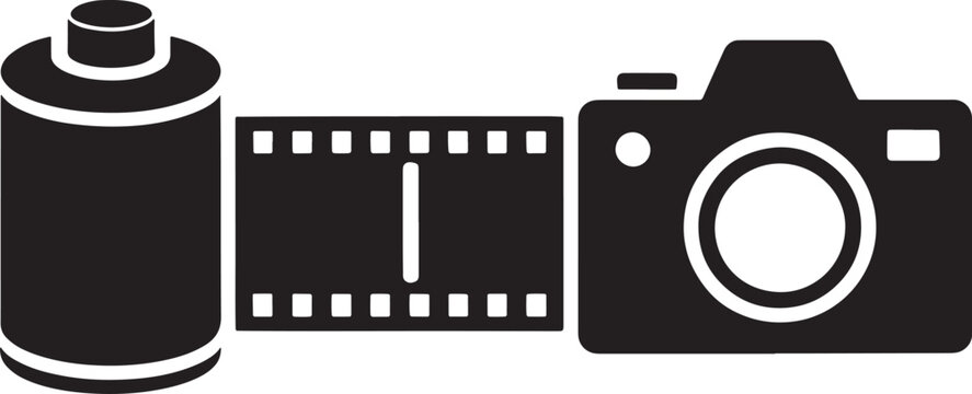 roll of photographic film, black illustration of camera film and camera