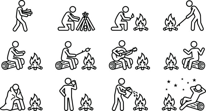 Set of stick figure icons showing people camping around a campfire performing various activities like building a fire cooking relaxing playing guitar and putting out the flames
