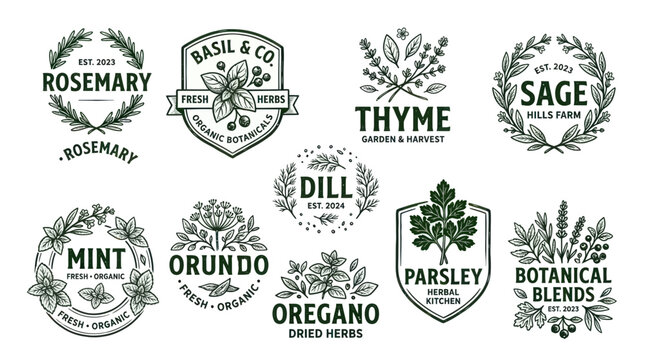 Herbs logos and labels set.