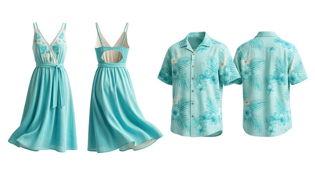 Vibrant turquoise resort wear set featuring a flowing sundress and a matching men's button-up shirt, perfect for beach days and summer vacations