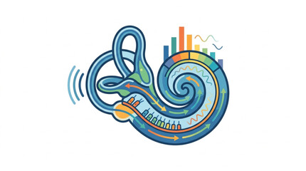 Inner ear anatomy with sound waves and audio spectrum illustration. © Byebye