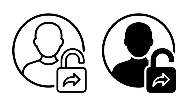User Account Unlocked Icons: A pair of minimalist icons depicting a user profile silhouette next to an unlocked padlock with an outward-pointing arrow, symbolizing account access, security.