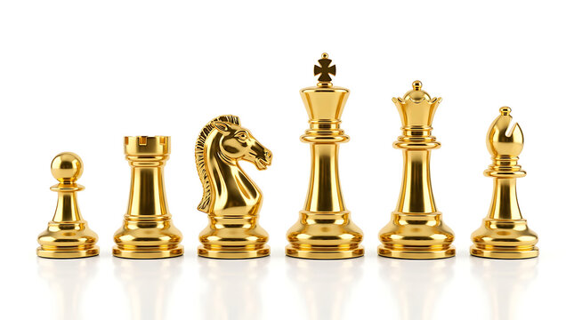 Golden chess pieces arranged on reflective surface with pawn knight bishop rook queen king