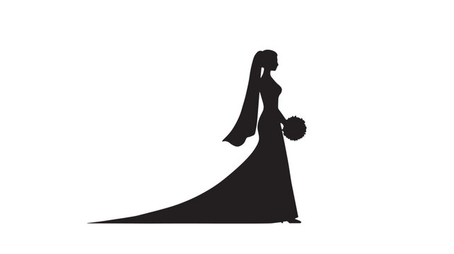 Elegant bride silhouette in wedding dress with veil and bouquet, minimalist bridal gown vector illustration, black profile of woman for marriage invitations