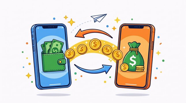 Online financial transfer concept with coins flowing between two mobile phones e commerce transfer smartphone currency transaction business investment technology