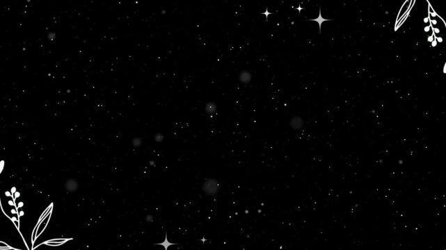 White flowers and small stars decorate the corners of a dark background with plenty of copy space.