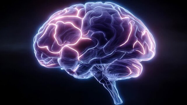 Digital brain model rotating with electric impulses visualizing neural network activity and thought