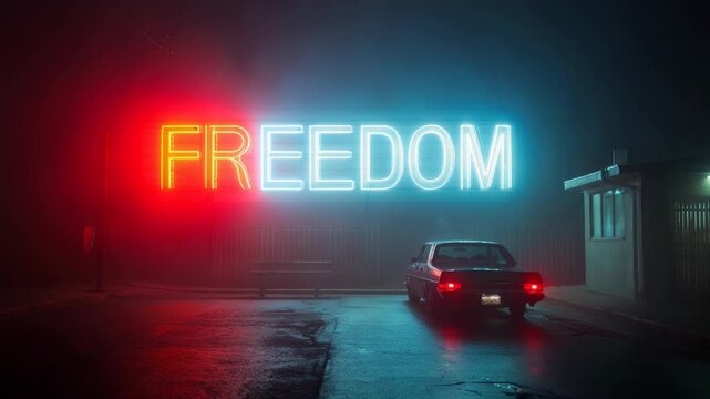 Car driving away on a wet foggy street at night under a glowing neon sign that says freedom
