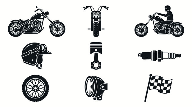 Minimalist black silhouettes of custom choppers, engine components, and racing gear for automotive design.