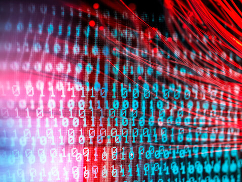 Binary code and red fiber optics simulating a cyberattack