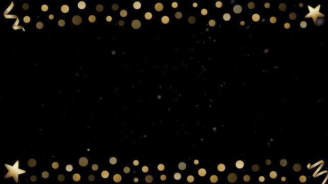 Gold confetti circles and stars create a festive border design on a black backdrop.