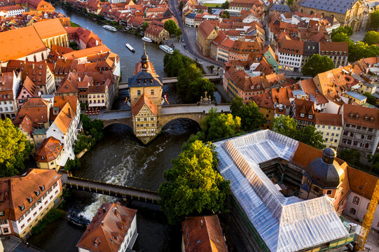 Regnitz river flowing between residential building of old town at Bamberg, Bavaria, Germany