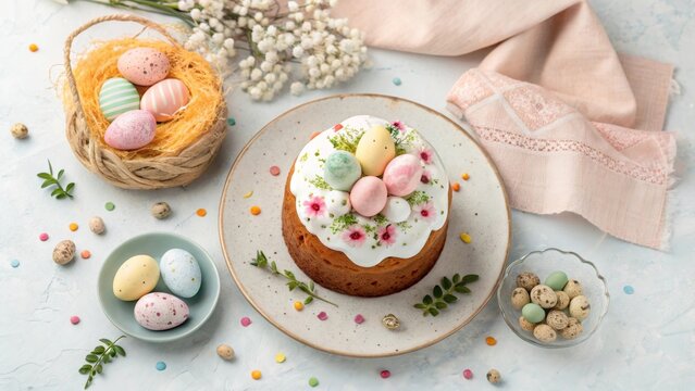 Delicious easter cake decorated with colorful eggs on a festive table setting