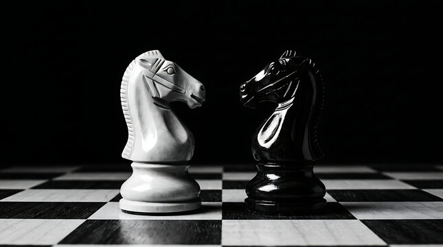 A black and white photo of two chess knights facing each other on a board