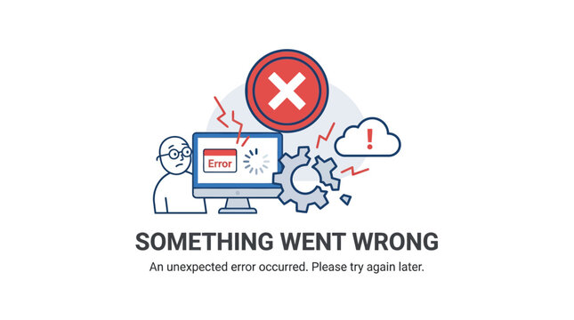 Frustrated User with Desktop Computer Showing Error Message, Broken Gear, Red Cross Icon, and Cloud Alert for Something Went Wrong Unexpected System Failure and Website Problem Flat Design