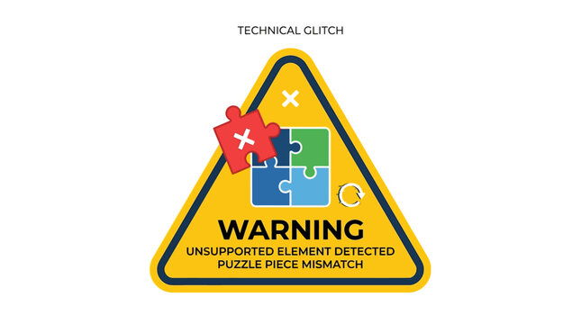 Yellow Triangle Warning Sign with Red Puzzle Piece Mismatch for Technical Glitch, Unsupported Element Detected, System Error, and Troubleshooting Alert Concept in Modern Flat Vector Design Style