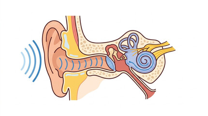 Diagram of the human ear showing sound waves entering the ear canal. © danu
