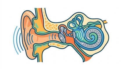 Diagram of the human ear anatomy showing sound waves entering. © danu