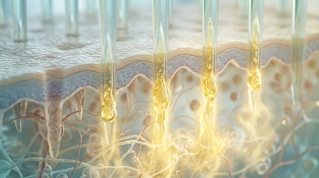 Microscopic view of skin with needles injecting serum into dermal layer, representing advanced skincare and rejuvenation treatment