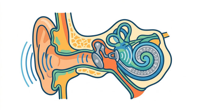 Diagram of the human ear anatomy showing sound waves entering.