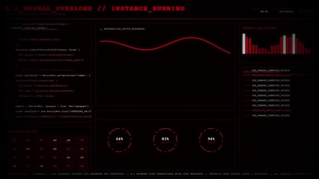 AI Neural Overlord Instance Running Synaptic Compiler Vector Resonance Dashboard Animation Red Loop.