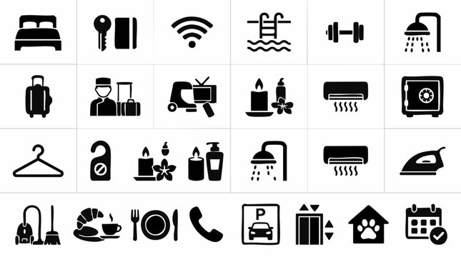 Hotel Amenities and Services Icon Set for Travel and Accommodation