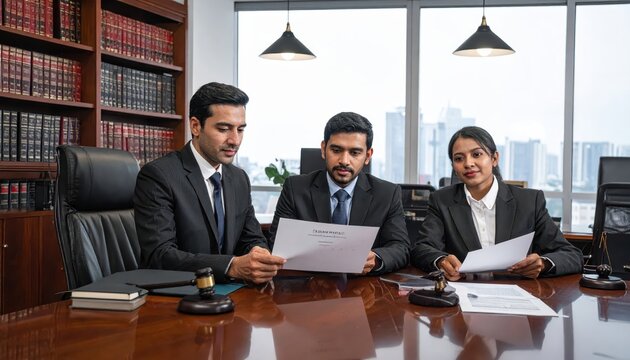 Legal team collaborating on contracts in a professional office setting, reviewing documents with serious expressions.