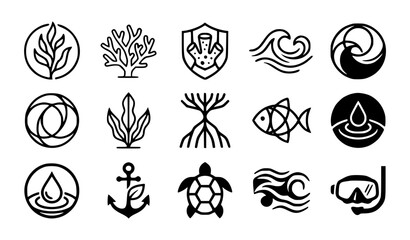 Modern abstract underwater coral reef symbol vector clipart set with minimalist clean outline marine conservation brand kelp seaweed monogram and ocean logo graphics black and white © GULSHAN