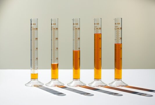 Measuring cylinders with orange liquid forming a bar chart