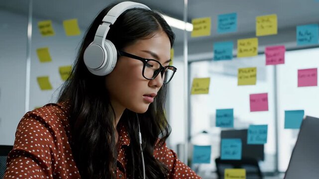 Focused young Asian woman wearing headphones and glasses, working on a laptop in a modern office with sticky notes on a glass wall.