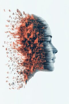 Profile face dissolving into abstract digital particles, representing digital consciousness and virtual existence in the metaverse.