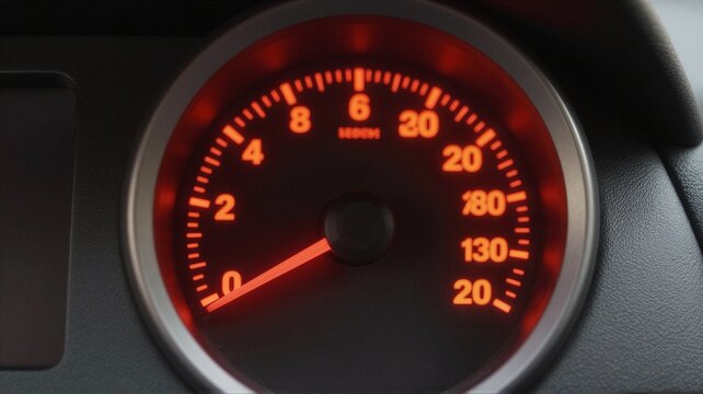 speedometer indicating speed in car interior with red and black details close-up.
