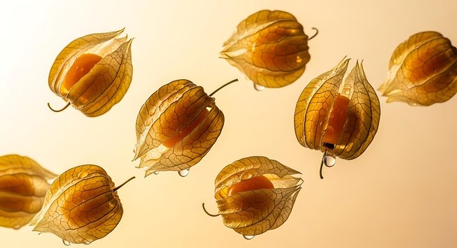 Fresh Physalis Cape Gooseberry Fruits Floating with Water Drops, Golden Macro Photography of Exotic Groundcherry Berries on Warm Background