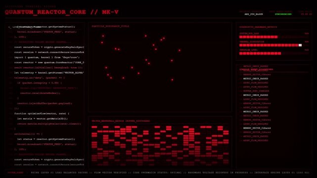 Quantum Reactor Core MK5 Particle Resonance Vector Waterfall Dashboard Animation Red Code Loop.