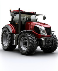 Naklejka premium Large red tractor with big tires, modern design, agricultural machinery, isolated on white background, powerful, farming equipment