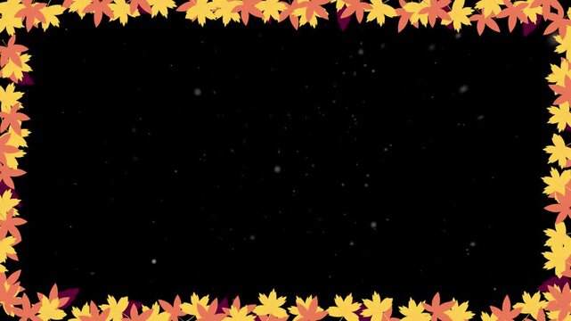 Autumn leaves form a decorative border around a dark center space filled with floating particles.