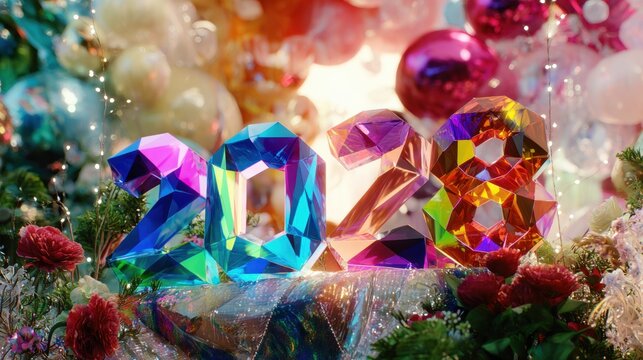 Colorful 2028 display with decorations and balloons in a festive setting