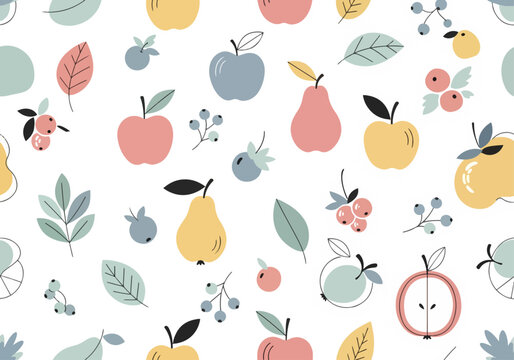 Hand Drawn Summer Fruits and Leaves Repeating Surface Design
