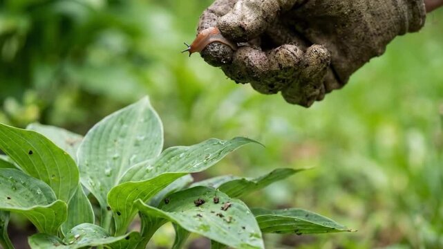a hand in dirty gardening gloves removes a slug from a leaf