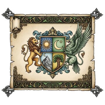Heraldic shield displays a lion and a griffin flanking symbols of the sun, moon, mountains, and trees.