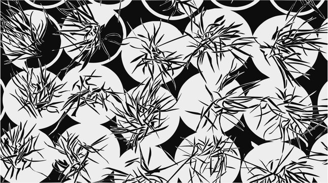 Abstract Herb Propagation Monochrome Pattern Featuring Botanical Spiky Plant Silhouettes and Circular Geometric Elements for Minimalist Graphic Design
