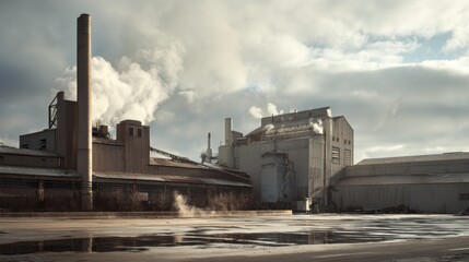 Obraz premium Industrial site with smoke rising from buildings in a cloudy sky during the afternoon