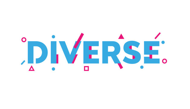 Creative word design for diverse featuring light blue text with vibrant pink geometric shapes like triangles and circles scattered around letters.