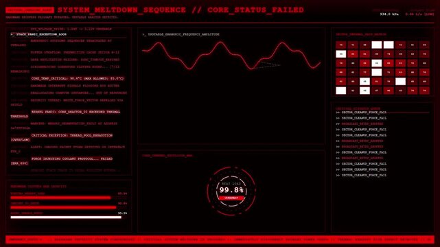 System Meltdown Sequence Core Status Failed Thermal Overheat Dashboard Animation Red Crash Loop.